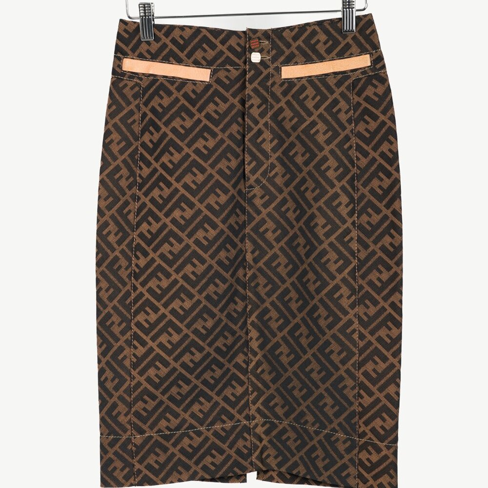 Fendi Brown Zucca-Monogram Leather-Trim Pencil Skirt